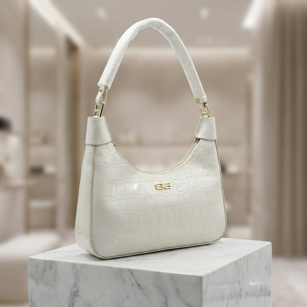 The Pearl Croc Crescent Shoulder Bag | Ivory & Gold
