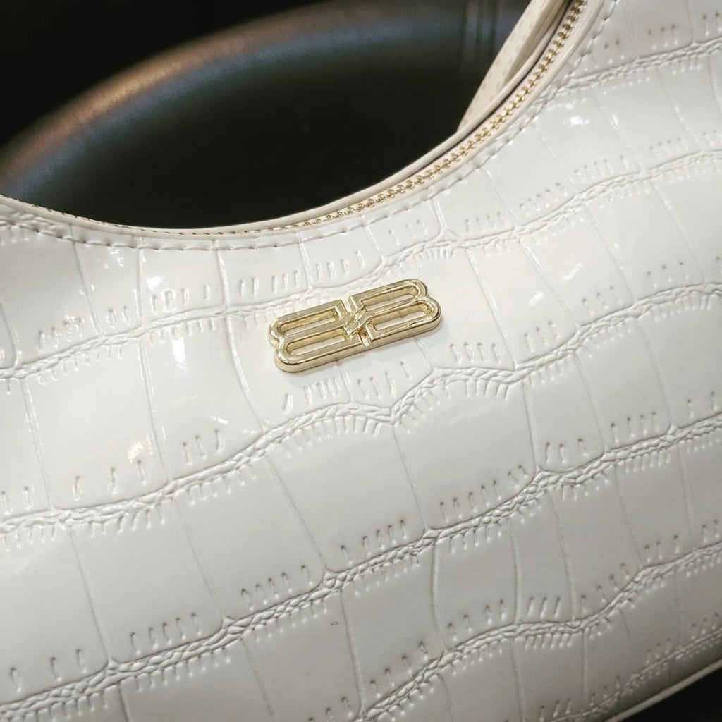 The Pearl Croc Crescent Shoulder Bag | Ivory & Gold